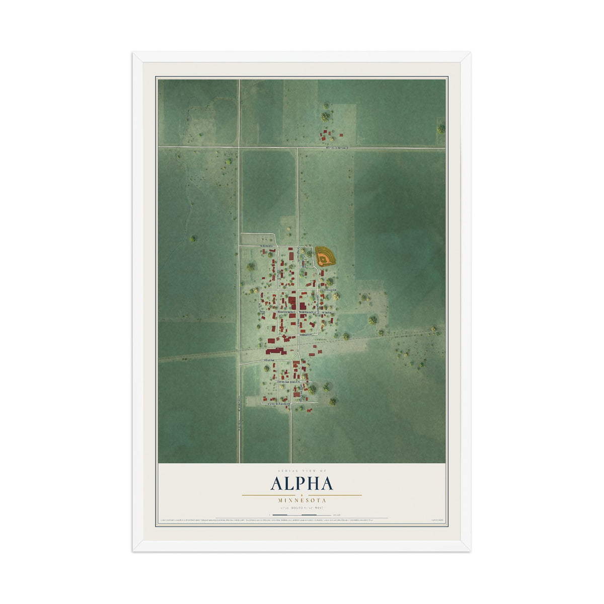 Map of Alpha, Minnesota, 12 x 18 inch print in a white wood frame