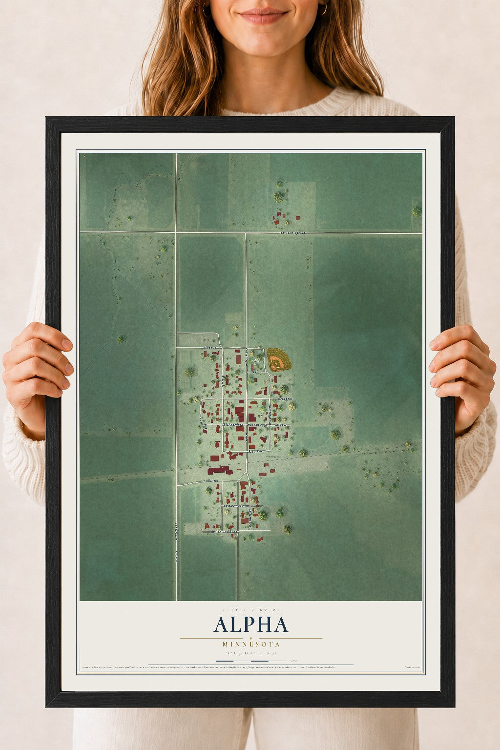 Map of Alpha, Minnesota, 18 x 24 inch print in a black wood frame