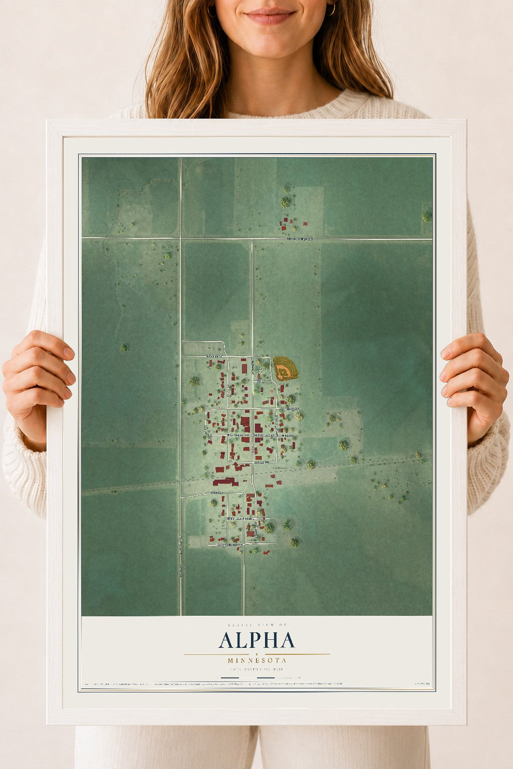 Map of Alpha, Minnesota, 18 x 24 inch print in a white wood frame