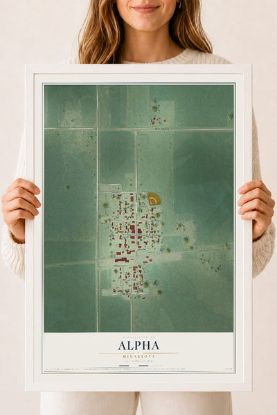 Map of Alpha, Minnesota, 18 x 24 inch print in a white wood frame