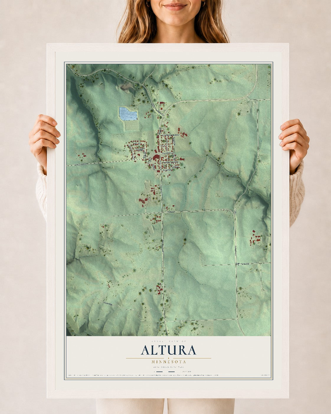 Map of Altura, Minnesota, 24 x 36 inch print in a white wood frame