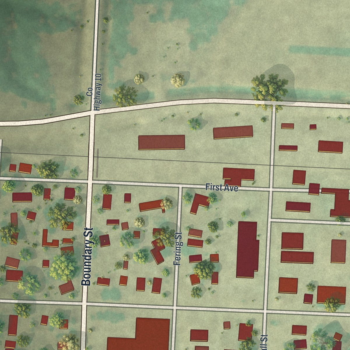 Close-up of the map of Alvarado, Minnesota print showing street and building detail