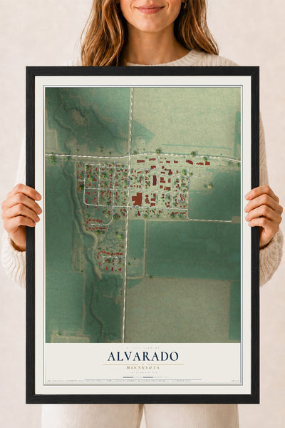 Map of Alvarado, Minnesota, 18 x 24 inch print in a black wood frame
