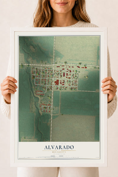 Map of Alvarado, Minnesota, 18 x 24 inch print in a white wood frame