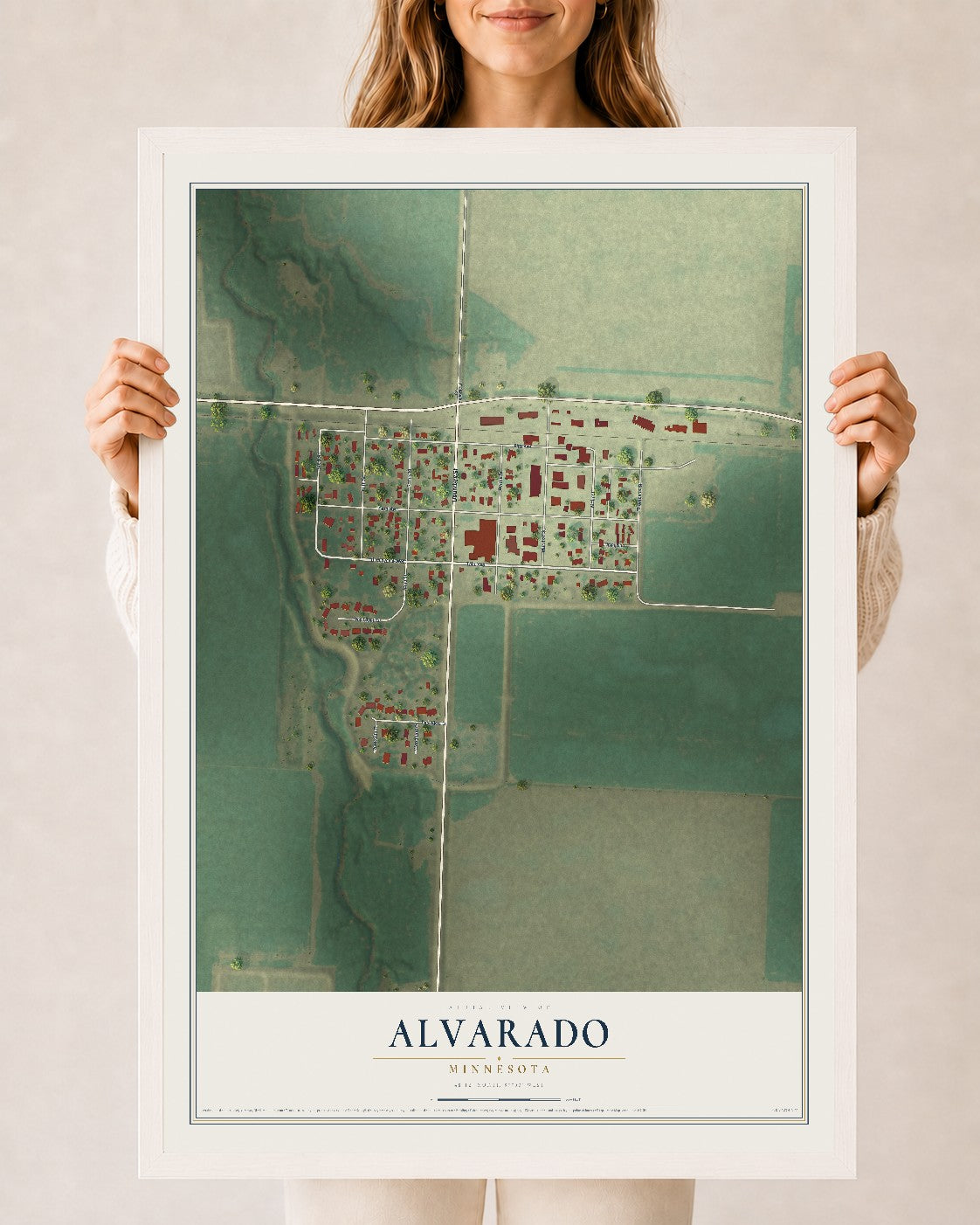 Map of Alvarado, Minnesota, 24 x 36 inch print in a white wood frame