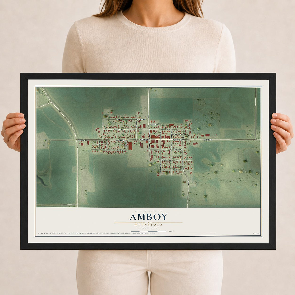 Map of Amboy, Minnesota, 12 x 18 inch print in a black wood frame