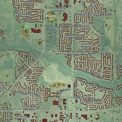 Close-up of the map of Andover, Minnesota print showing street and building detail