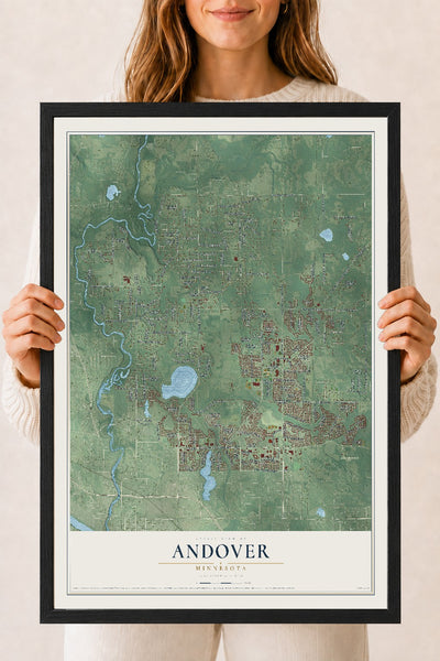 Map of Andover, Minnesota, 18 x 24 inch print in a black wood frame