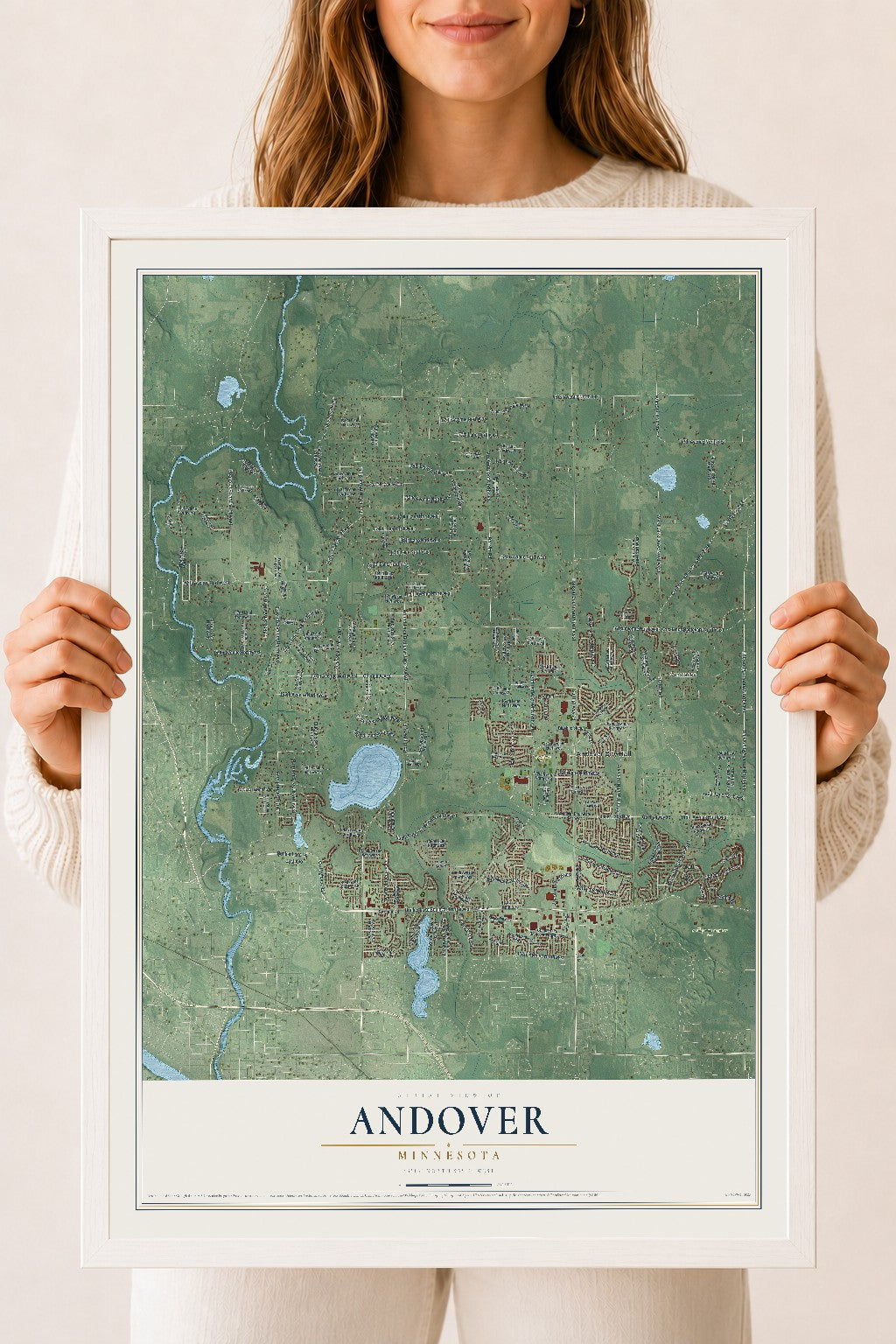 Map of Andover, Minnesota, 18 x 24 inch print in a white wood frame