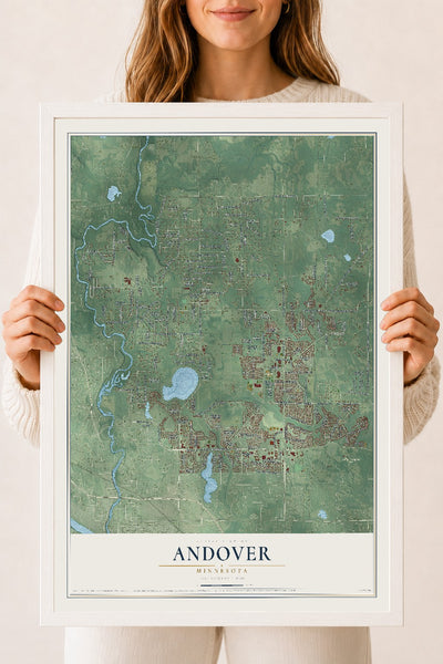 Map of Andover, Minnesota, 18 x 24 inch print in a white wood frame