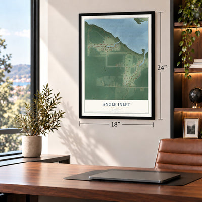 Angle Inlet, Minnesota map, 18 x 24 inch print in a black frame in a home office