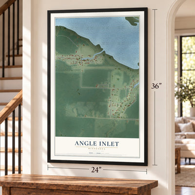 Angle Inlet, Minnesota map, 24 x 36 inch print in a black frame by a staircase