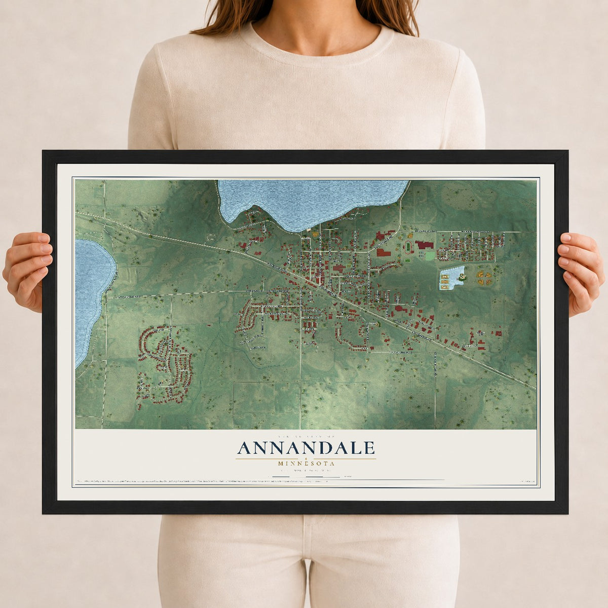 Map of Annandale, Minnesota, 12 x 18 inch print in a black wood frame