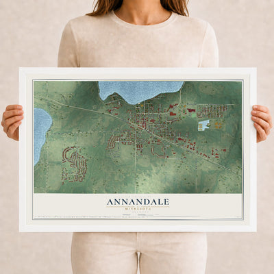 Map of Annandale, Minnesota, 12 x 18 inch print in a white wood frame