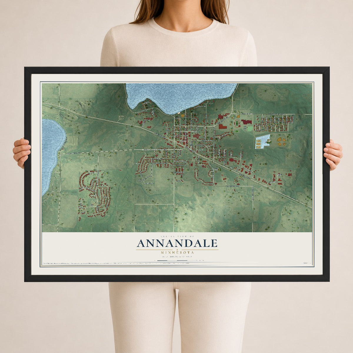 Map of Annandale, Minnesota, 24 x 36 inch print in a black wood frame