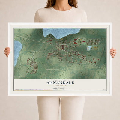 Map of Annandale, Minnesota, 24 x 36 inch print in a white wood frame