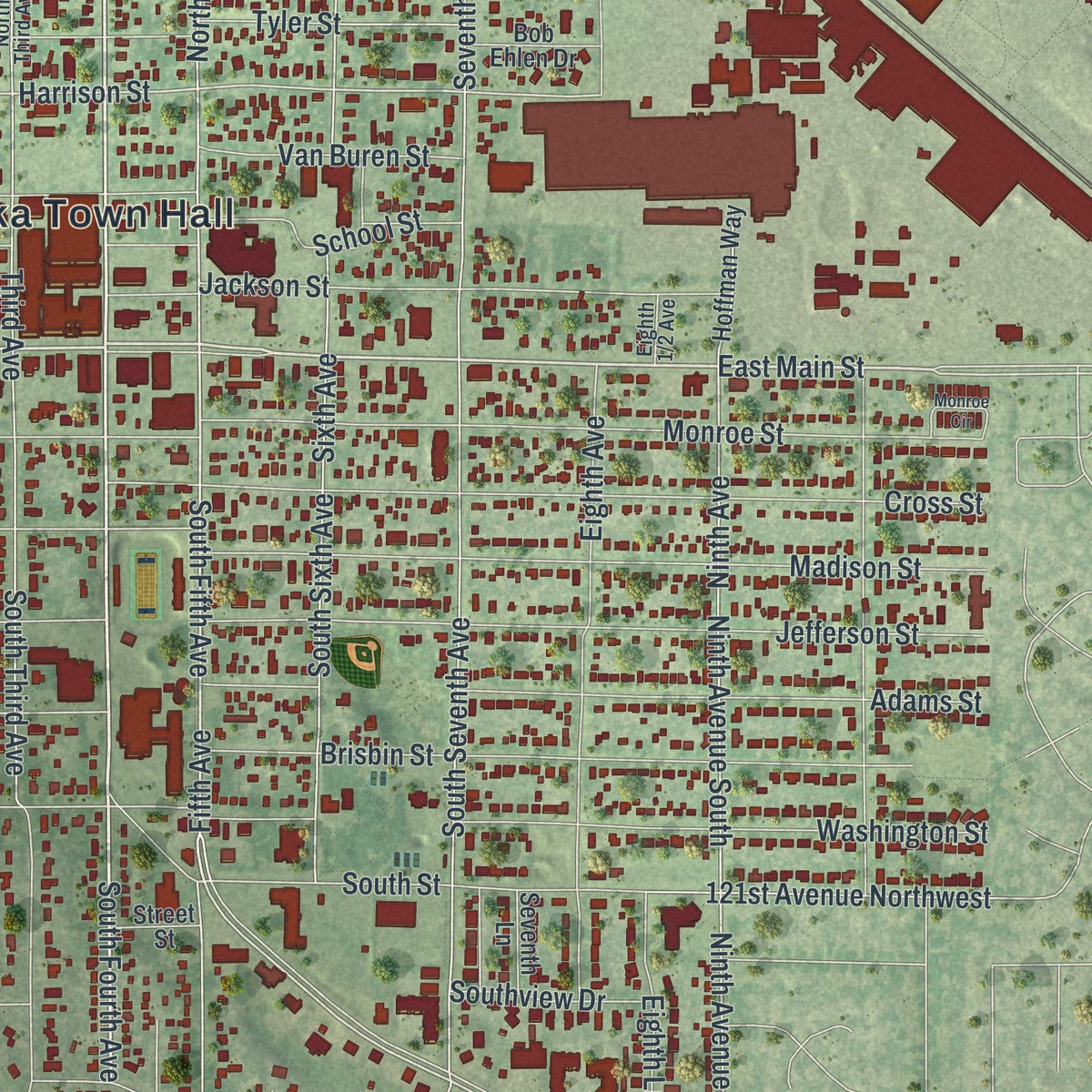 Close-up of the map of Anoka, Minnesota print showing street and building detail