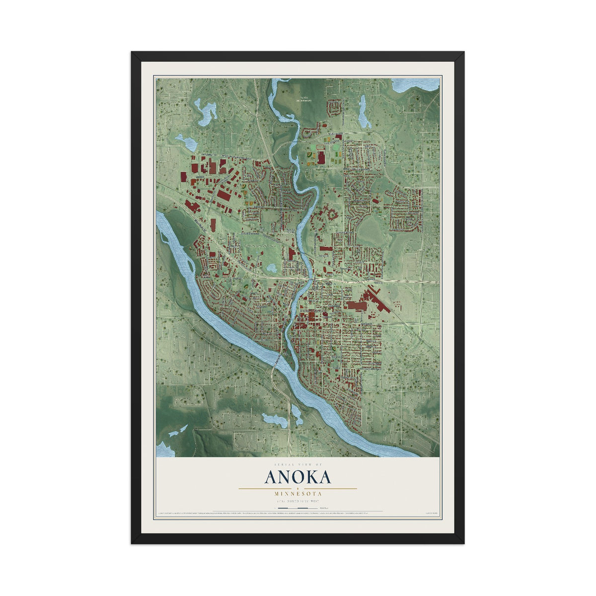 Map of Anoka, Minnesota, 12 x 18 inch print in a black wood frame
