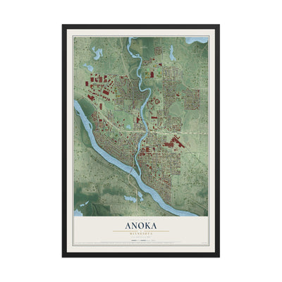 Map of Anoka, Minnesota, 12 x 18 inch print in a black wood frame