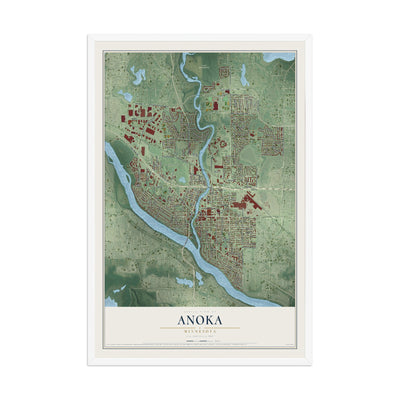 Map of Anoka, Minnesota, 12 x 18 inch print in a white wood frame