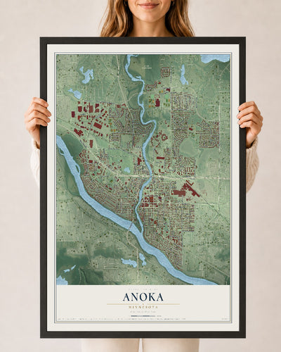 Map of Anoka, Minnesota, 24 x 36 inch print in a black wood frame