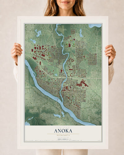 Map of Anoka, Minnesota, 24 x 36 inch print in a white wood frame