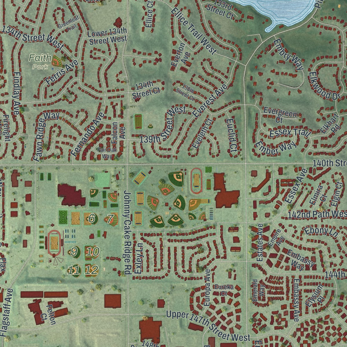 Second close-up of the map of Apple Valley, Minnesota print showing more streets and buildings