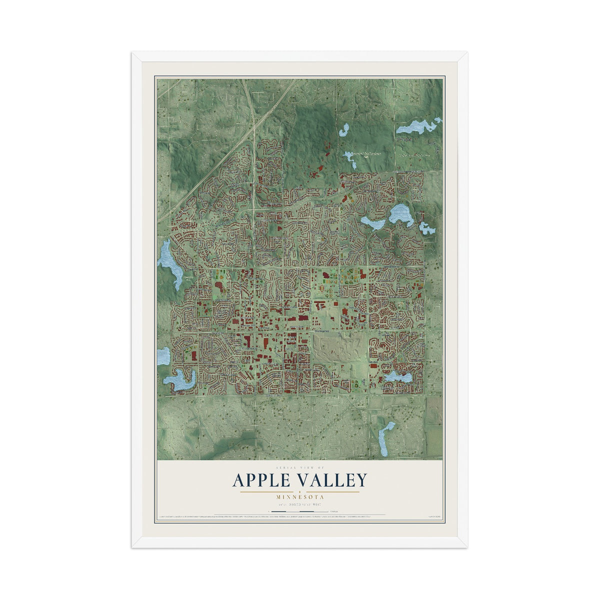 Map of Apple Valley, Minnesota, 12 x 18 inch print in a white wood frame