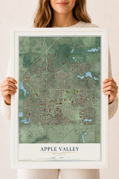 Map of Apple Valley, Minnesota, 18 x 24 inch print in a white wood frame