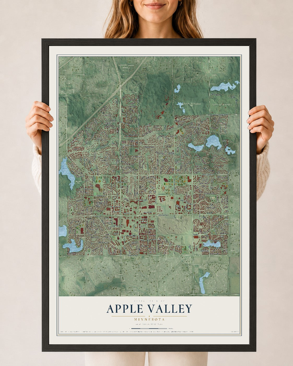 Map of Apple Valley, Minnesota, 24 x 36 inch print in a black wood frame