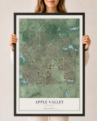 Map of Apple Valley, Minnesota, 24 x 36 inch print in a black wood frame