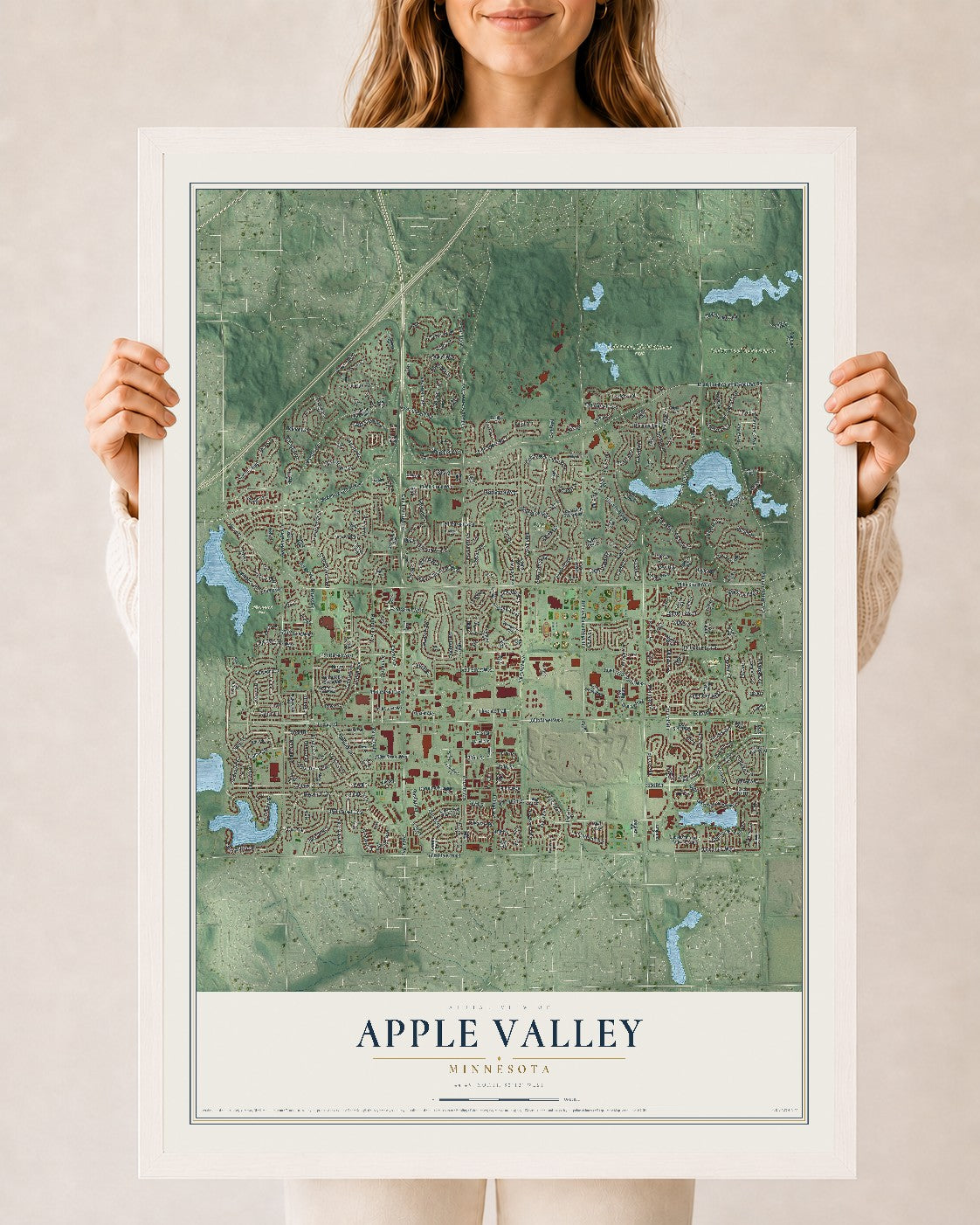 Map of Apple Valley, Minnesota, 24 x 36 inch print in a white wood frame