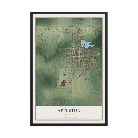 Map of Appleton, Minnesota, 12 x 18 inch print in a black wood frame