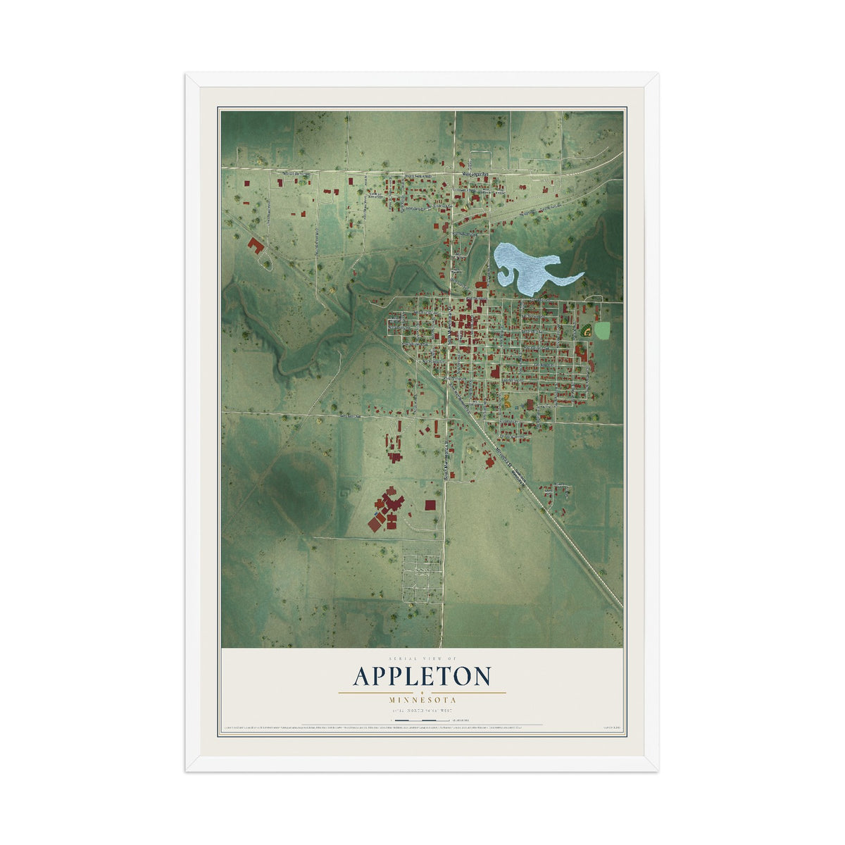 Map of Appleton, Minnesota, 12 x 18 inch print in a white wood frame
