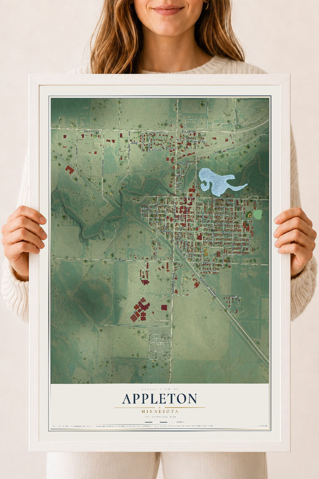 Map of Appleton, Minnesota, 18 x 24 inch print in a white wood frame