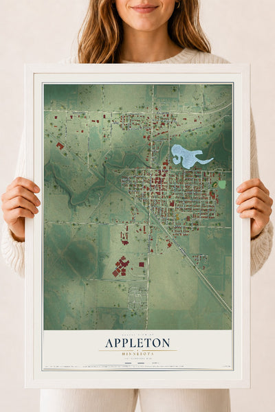 Map of Appleton, Minnesota, 18 x 24 inch print in a white wood frame