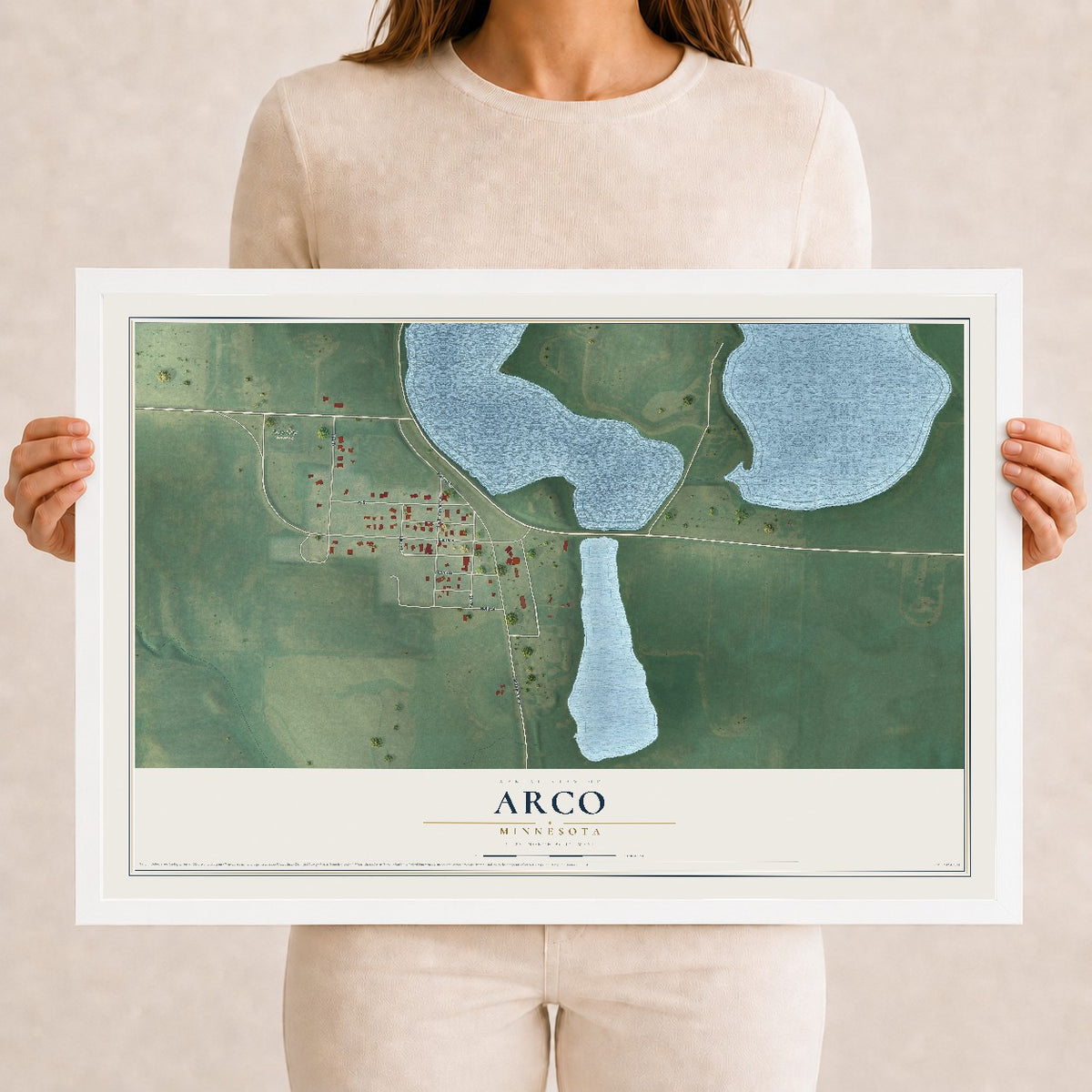 Map of Arco, Minnesota, 12 x 18 inch print in a white wood frame