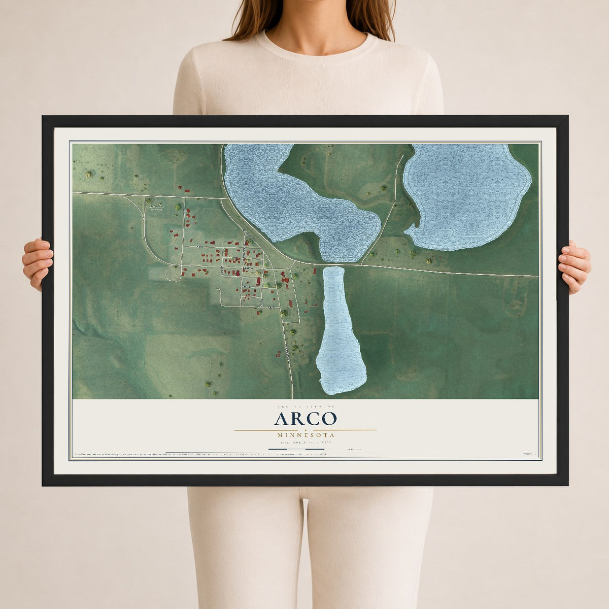 Map of Arco, Minnesota, 24 x 36 inch print in a black wood frame