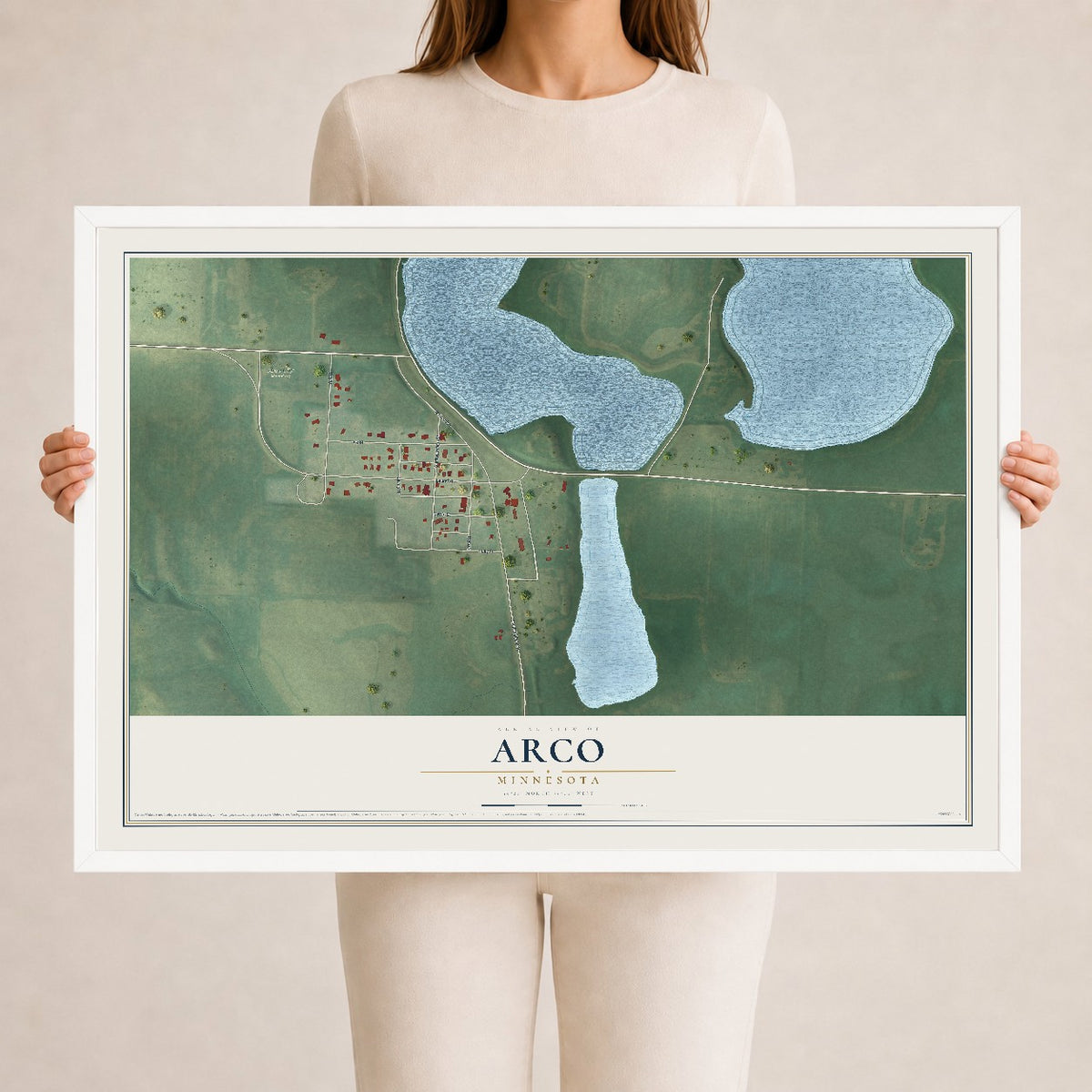 Map of Arco, Minnesota, 24 x 36 inch print in a white wood frame