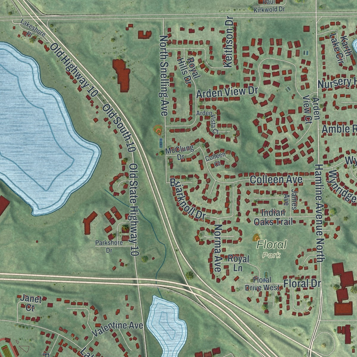 Close-up of the map of Arden Hills, Minnesota print showing street and building detail