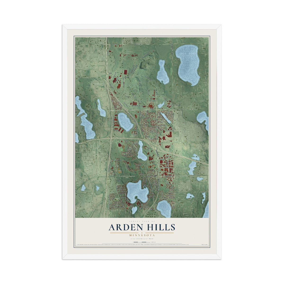Map of Arden Hills, Minnesota, 12 x 18 inch print in a white wood frame