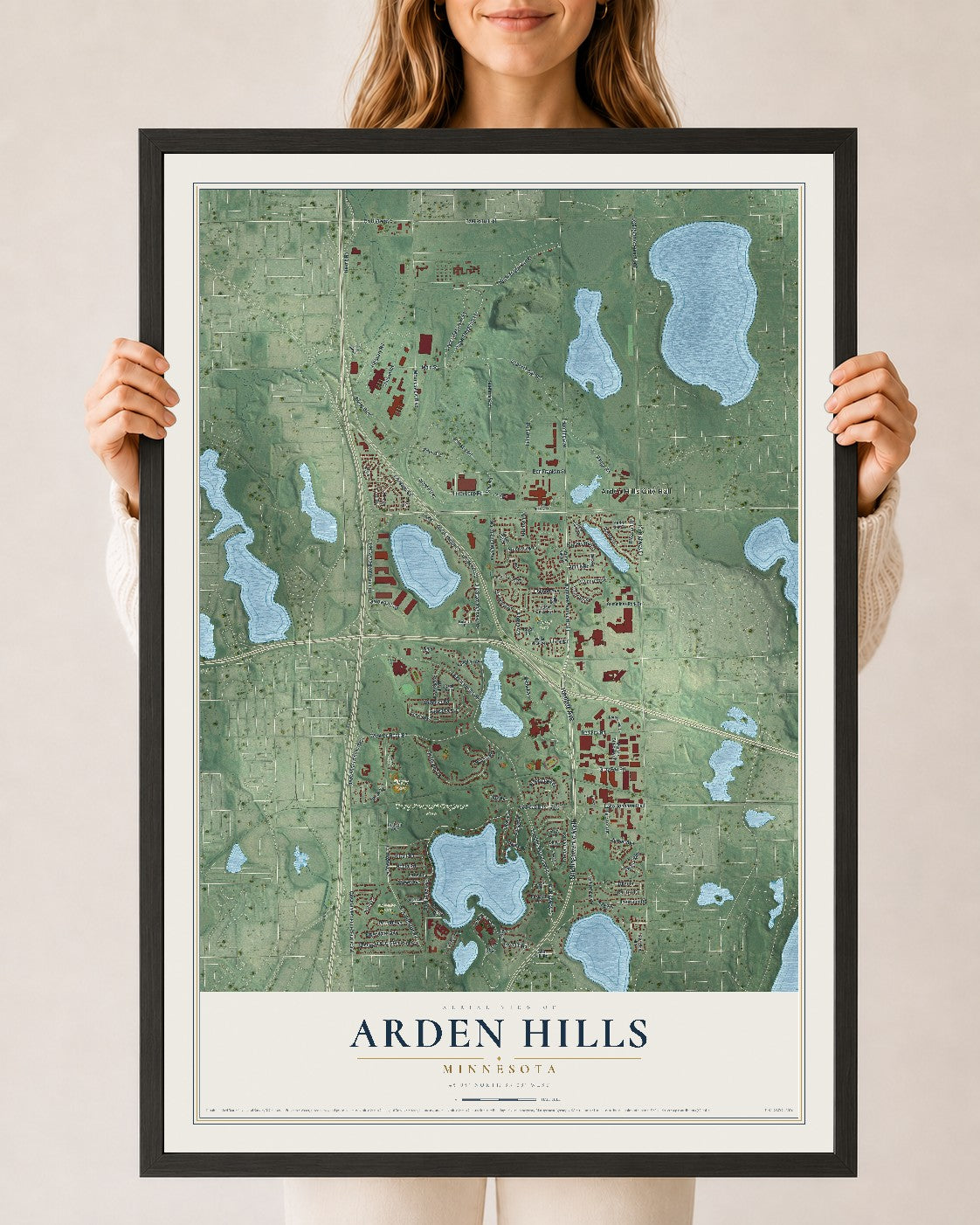 Map of Arden Hills, Minnesota, 24 x 36 inch print in a black wood frame