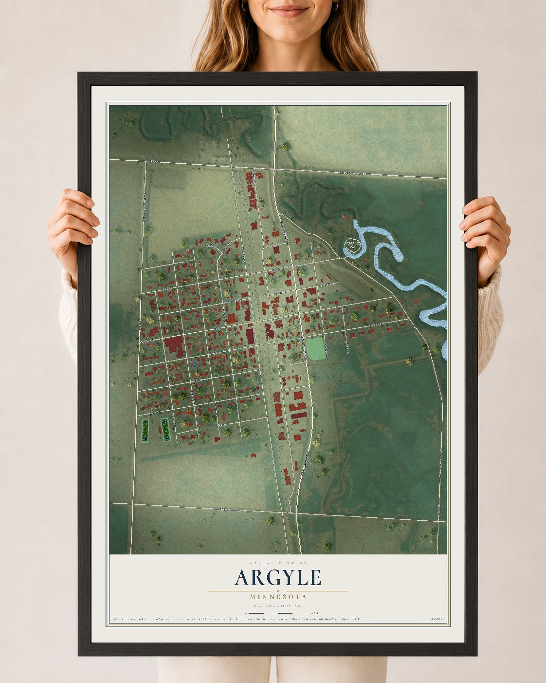 Map of Argyle, Minnesota, 24 x 36 inch print in a black wood frame