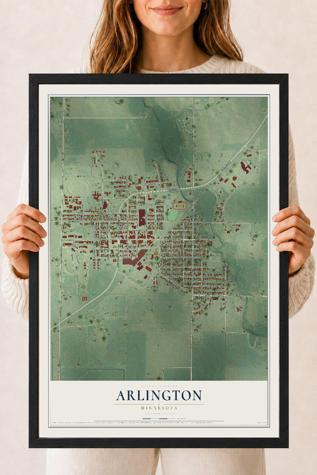 Map of Arlington, Minnesota, 18 x 24 inch print in a black wood frame