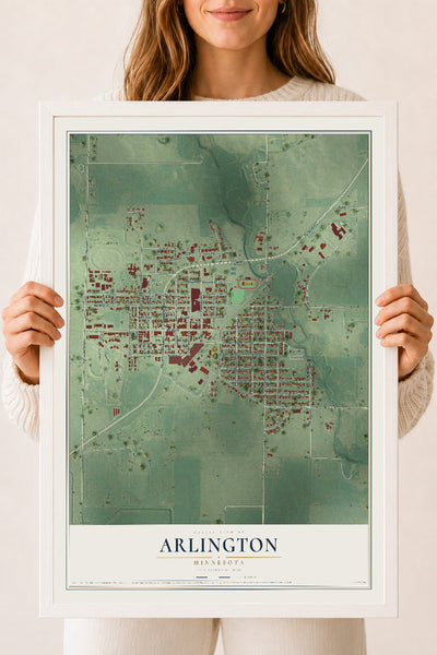 Map of Arlington, Minnesota, 18 x 24 inch print in a white wood frame