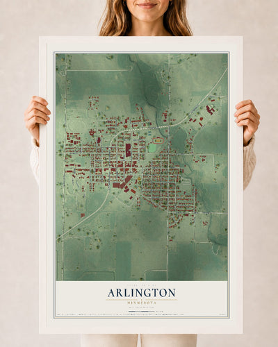 Map of Arlington, Minnesota, 24 x 36 inch print in a white wood frame