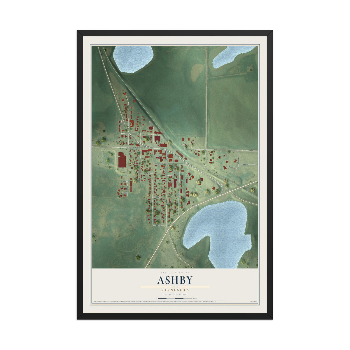 Map of Ashby, Minnesota, 12 x 18 inch print in a black wood frame