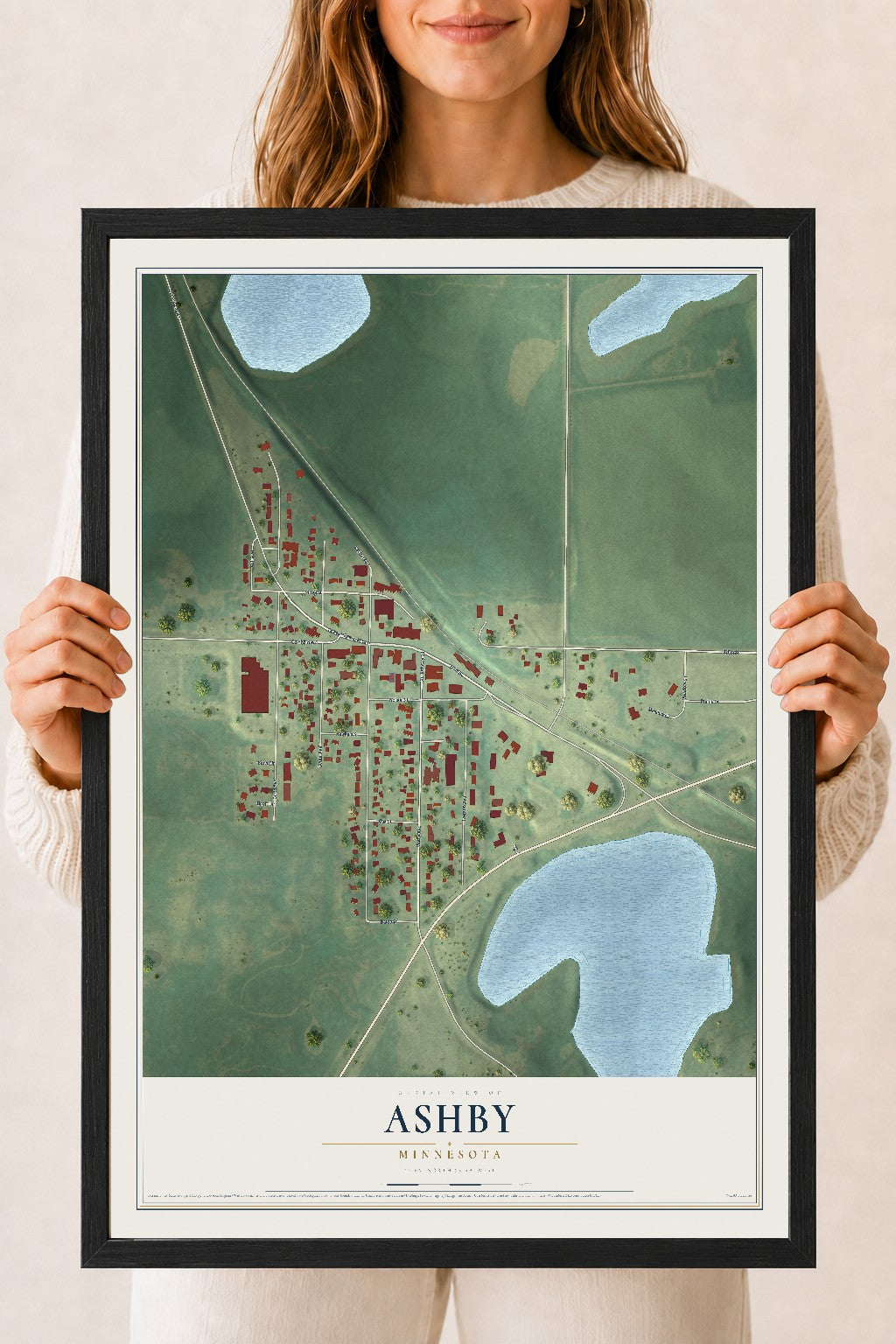 Map of Ashby, Minnesota, 18 x 24 inch print in a black wood frame
