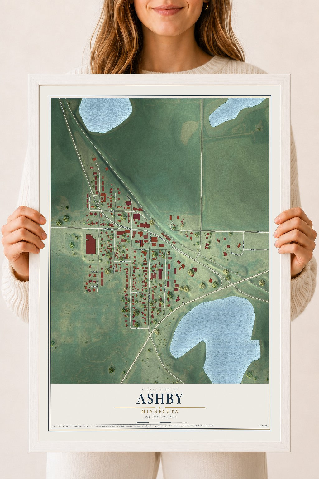 Map of Ashby, Minnesota, 18 x 24 inch print in a white wood frame