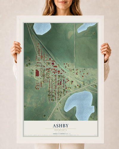 Map of Ashby, Minnesota, 24 x 36 inch print in a white wood frame